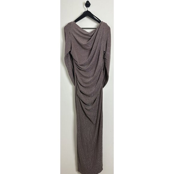 BETSY ADAM Jenna Long Metallic Draped Cowl Back Gown in Taupe/Silver Size US 10 - Picture 4 of 13